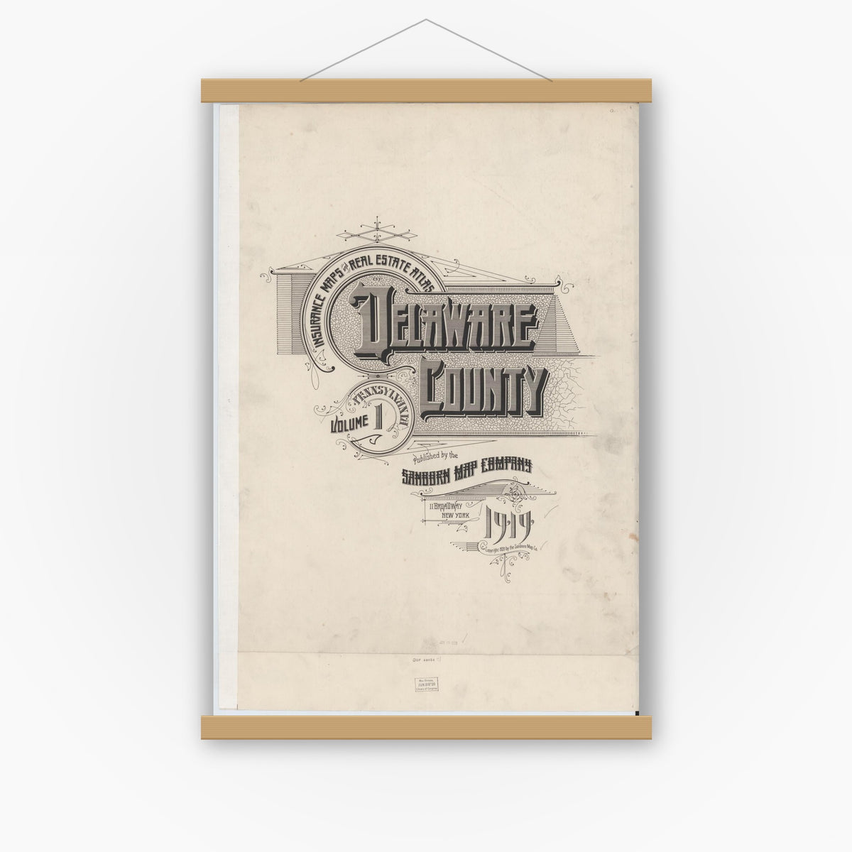 Old map wall art mockup — magnetic wood frame on white wall — Sanborn Fire Insurance Map from Delaware Co., Delaware County, Pennsylvania (1925), Sheet #0001