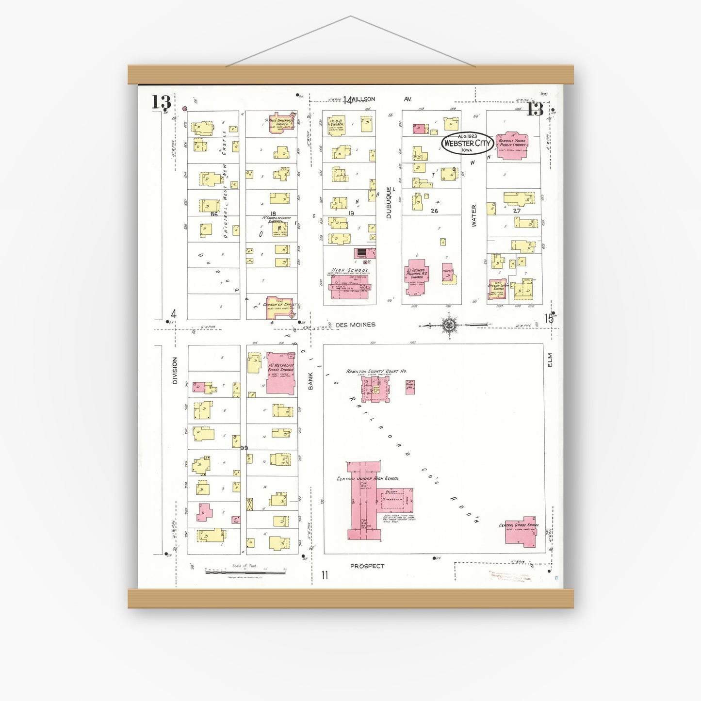 Old map wall art mockup — magnetic wood frame on white wall — Sanborn Fire Insurance Map from Webster City, Hamilton County, Iowa (1923), Sheet #0013