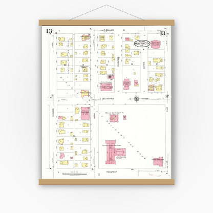 Old map wall art mockup — magnetic wood frame on white wall — Sanborn Fire Insurance Map from Webster City, Hamilton County, Iowa (1923), Sheet #0013