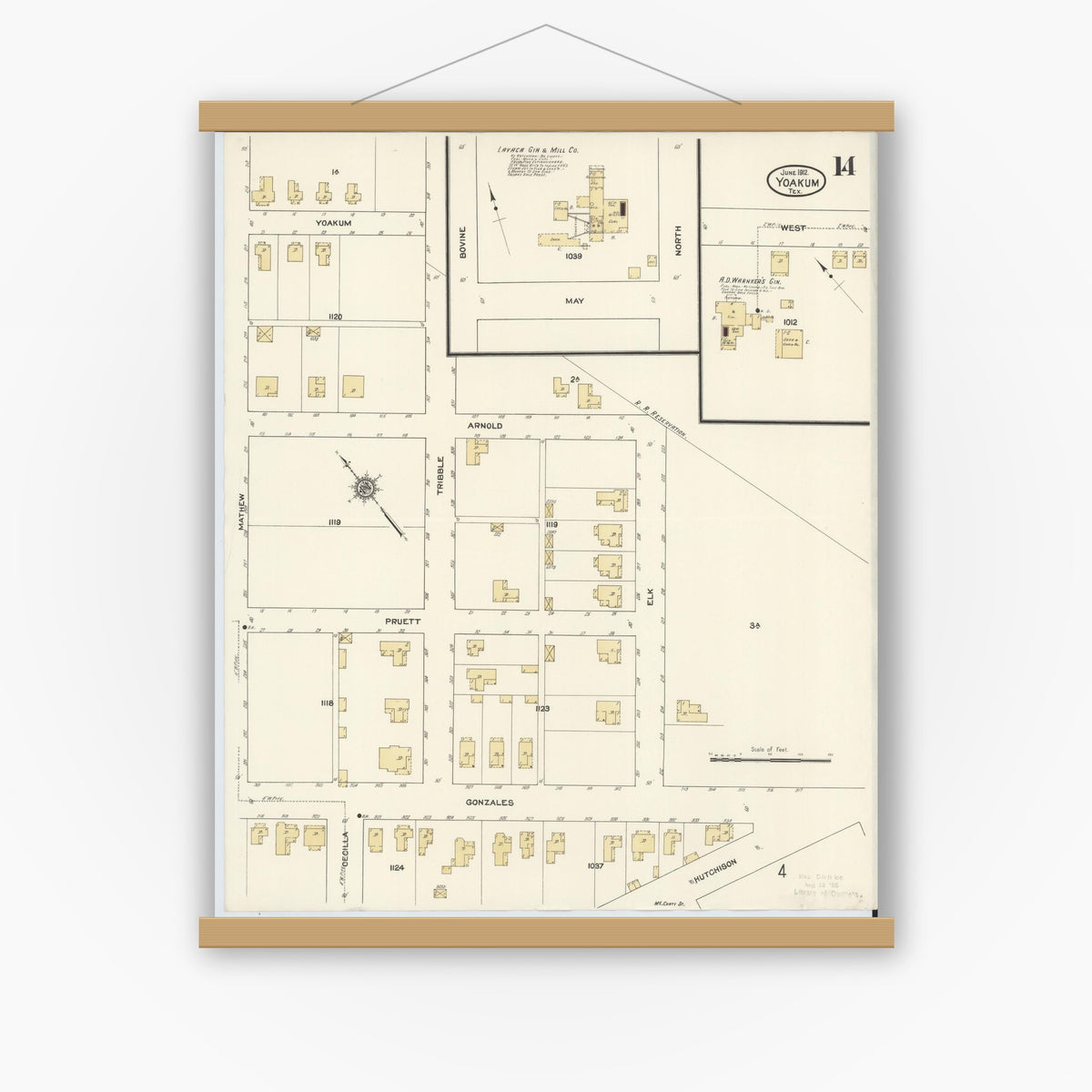 Old map wall art mockup — magnetic wood frame on white wall — Sanborn Fire Insurance Map from Yoakum, De Witt And Lavaca Counties, Texas (1912), Sheet #0014