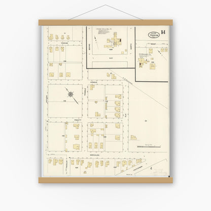 Old map wall art mockup — magnetic wood frame on white wall — Sanborn Fire Insurance Map from Yoakum, De Witt And Lavaca Counties, Texas (1912), Sheet #0014