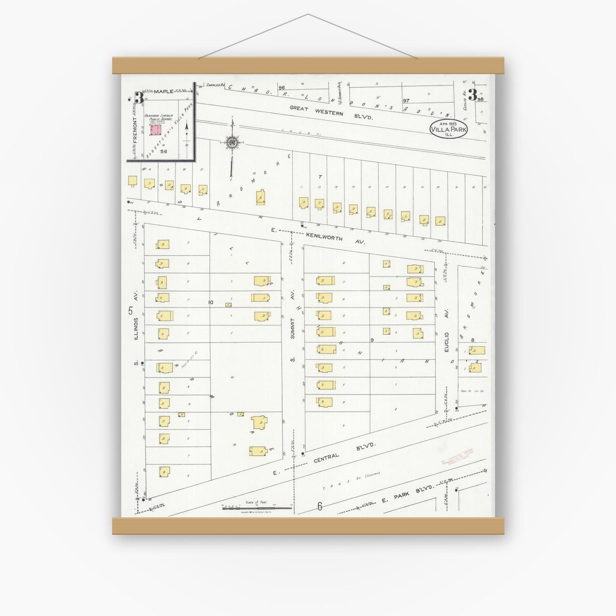 Old map wall art mockup — magnetic wood frame on white wall — Sanborn Fire Insurance Map from Villa Park, Du Page County, Illinois (1925), Sheet #0003