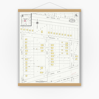 Old map wall art mockup — magnetic wood frame on white wall — Sanborn Fire Insurance Map from Villa Park, Du Page County, Illinois (1925), Sheet #0003