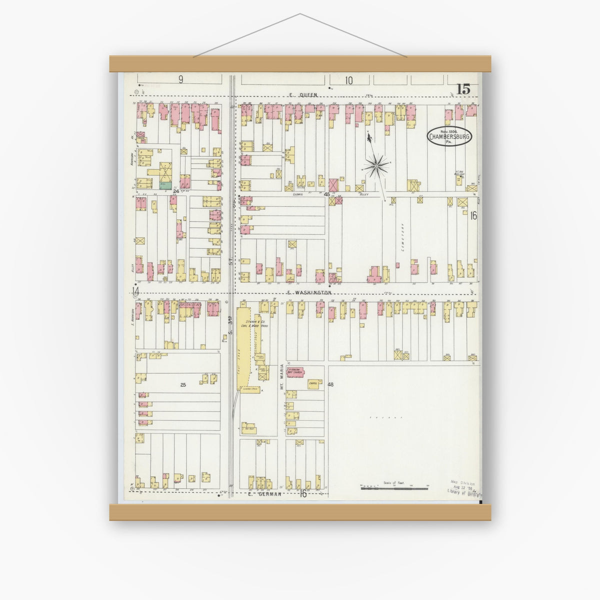 Old map wall art mockup — magnetic wood frame on white wall — Sanborn Fire Insurance Map from Chambersburg, Franklin County, Pennsylvania (1904), Sheet #0015
