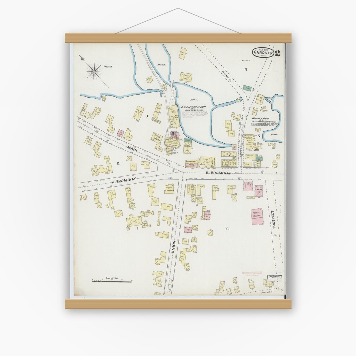 Old map wall art mockup — magnetic wood frame on white wall — Sanborn Fire Insurance Map from Gardner, Worcester County, Massachusetts (1889), Sheet #0002