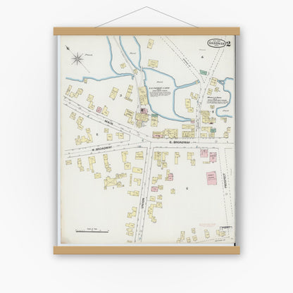 Old map wall art mockup — magnetic wood frame on white wall — Sanborn Fire Insurance Map from Gardner, Worcester County, Massachusetts (1889), Sheet #0002