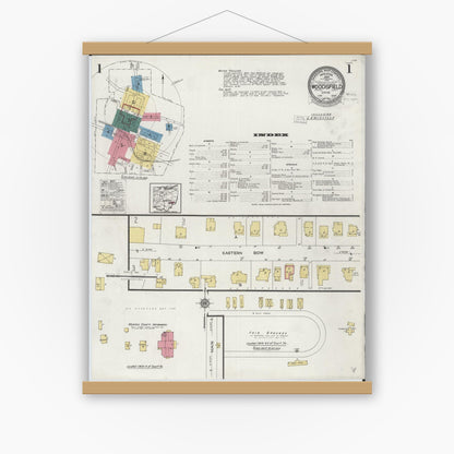 Old map wall art mockup — magnetic wood frame on white wall — Sanborn Fire Insurance Map from Woodsfield, Monroe County, Ohio (1923) - Complete Map Set