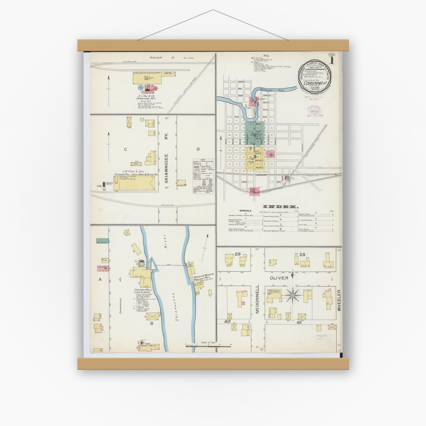 Old map wall art mockup — magnetic wood frame on white wall — Sanborn Fire Insurance Map from Corunna, Shiawassee County, Michigan (1893), Sheet #0001