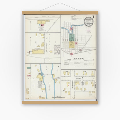 Old map wall art mockup — magnetic wood frame on white wall — Sanborn Fire Insurance Map from Corunna, Shiawassee County, Michigan (1893), Sheet #0001