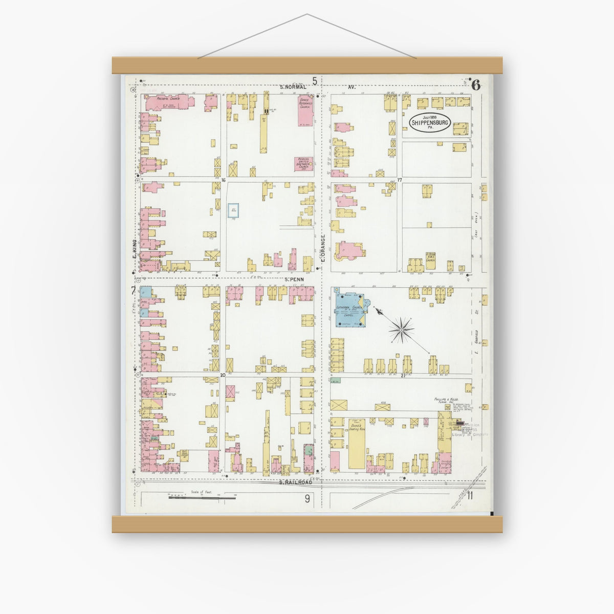 Old map wall art mockup — magnetic wood frame on white wall — Sanborn Fire Insurance Map from Shippensburg, Cumberland And Franklin Counties, Pennsylvania (1899), Sheet #0006
