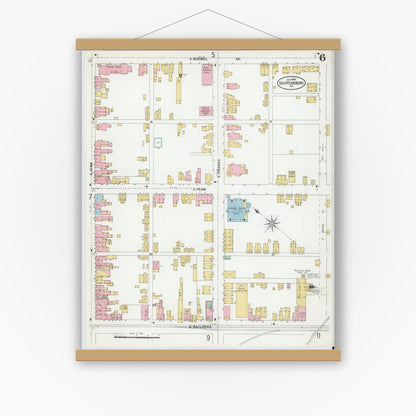 Old map wall art mockup — magnetic wood frame on white wall — Sanborn Fire Insurance Map from Shippensburg, Cumberland And Franklin Counties, Pennsylvania (1899), Sheet #0006