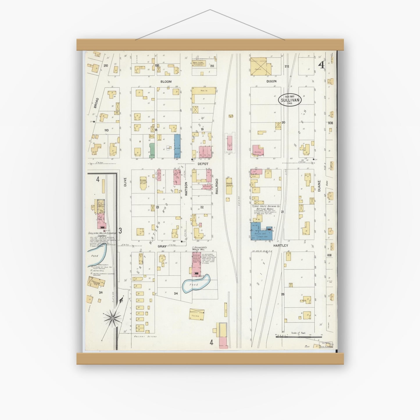 Old map wall art mockup — magnetic wood frame on white wall — Sanborn Fire Insurance Map from Sullivan, Sullivan County, Indiana (1907), Sheet #0004