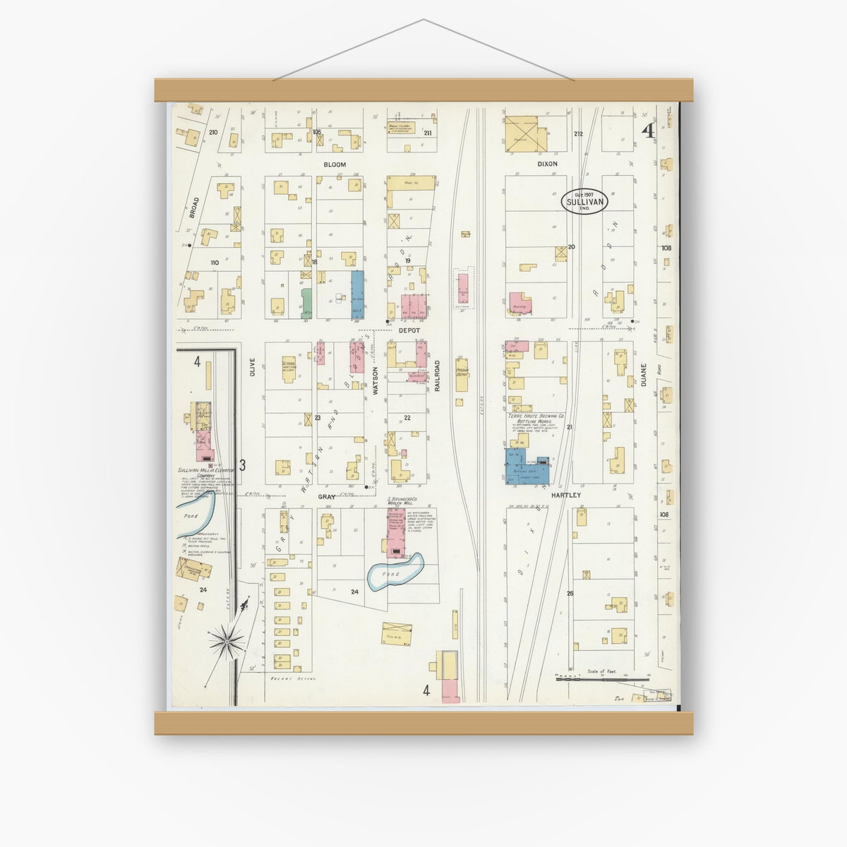 Old map wall art mockup — magnetic wood frame on white wall — Sanborn Fire Insurance Map from Sullivan, Sullivan County, Indiana (1907), Sheet #0004
