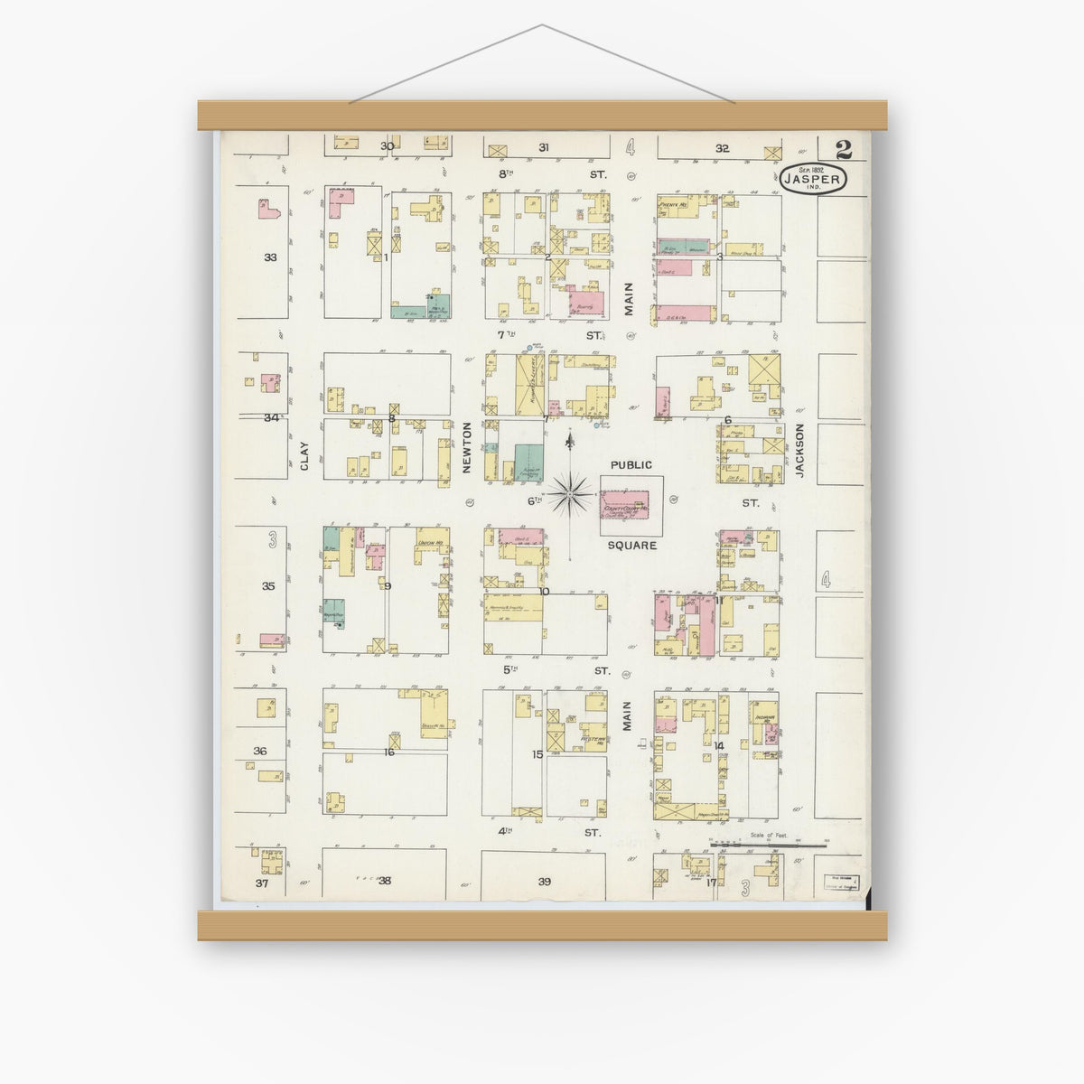 Old map wall art mockup — magnetic wood frame on white wall — Sanborn Fire Insurance Map from Jasper, Dubois County, Indiana (1892), Sheet #0002