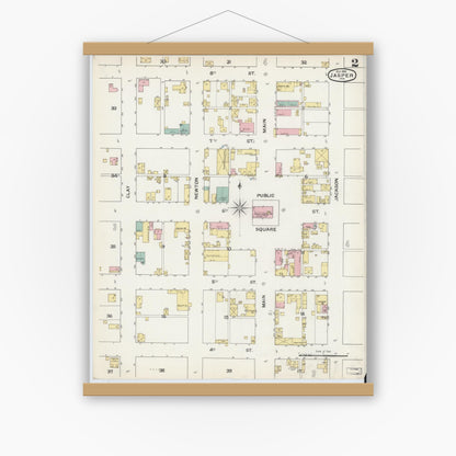 Old map wall art mockup — magnetic wood frame on white wall — Sanborn Fire Insurance Map from Jasper, Dubois County, Indiana (1892), Sheet #0002
