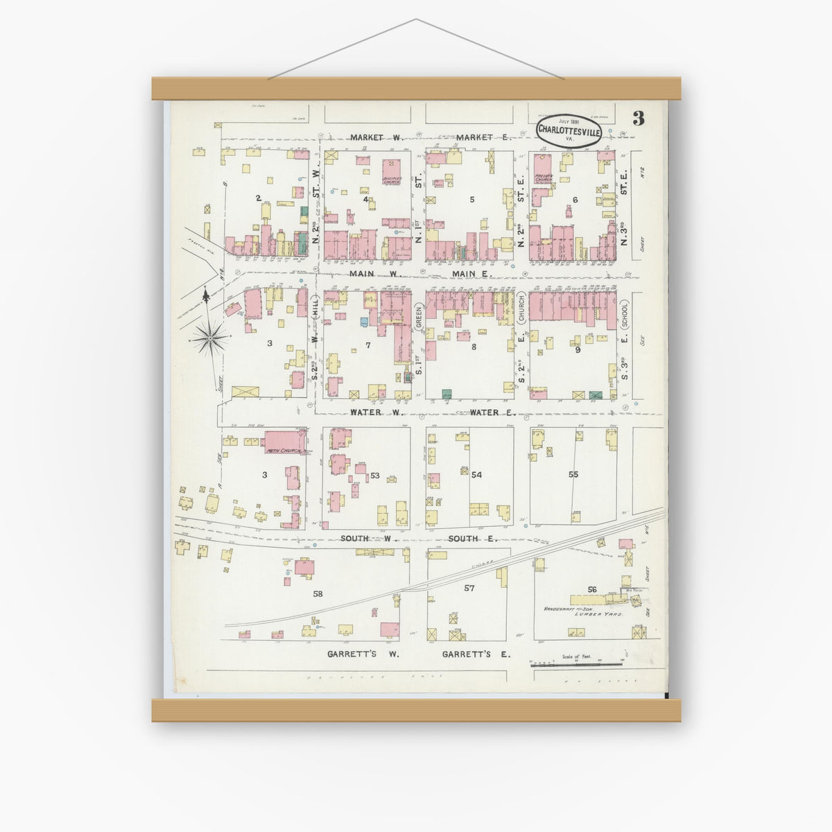 Old map wall art mockup — magnetic wood frame on white wall — Sanborn Fire Insurance Map from Charlottesville, Independent Cities, Virginia (1891), Sheet #0003