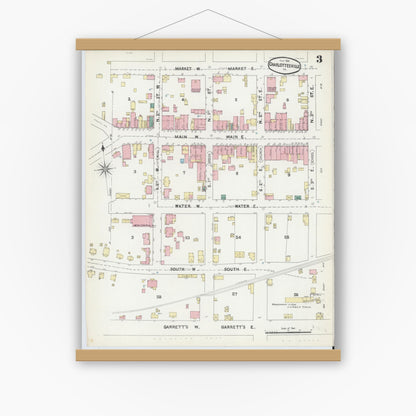 Old map wall art mockup — magnetic wood frame on white wall — Sanborn Fire Insurance Map from Charlottesville, Independent Cities, Virginia (1891), Sheet #0003