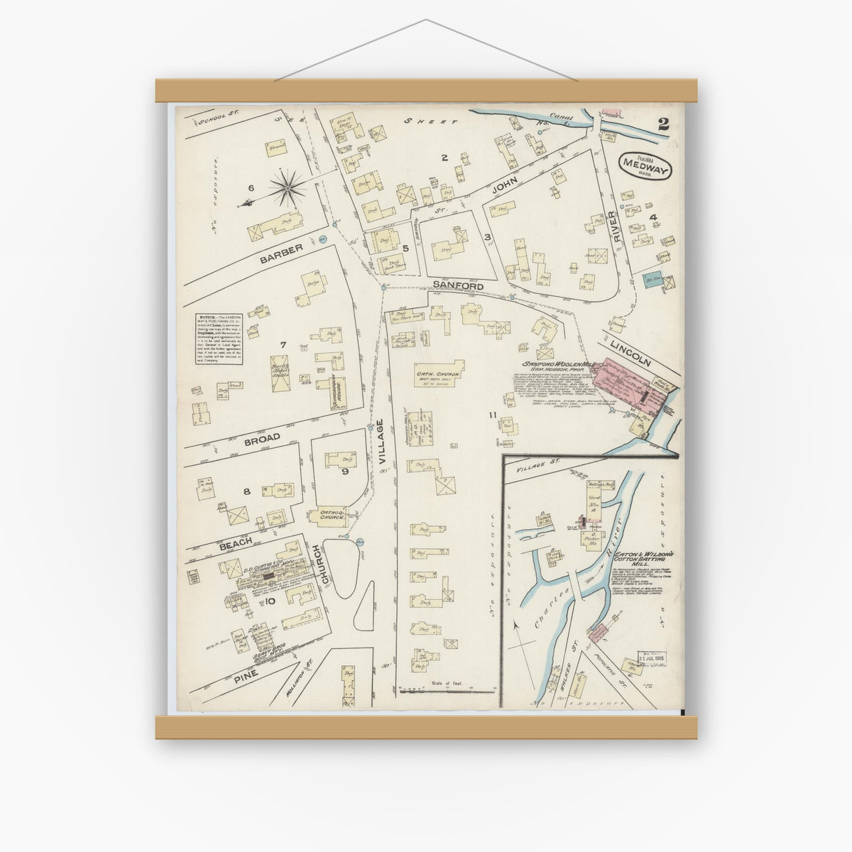 Old map wall art mockup — magnetic wood frame on white wall — Sanborn Fire Insurance Map from Medway, Norfolk County, Massachusetts (1884), Sheet #0002