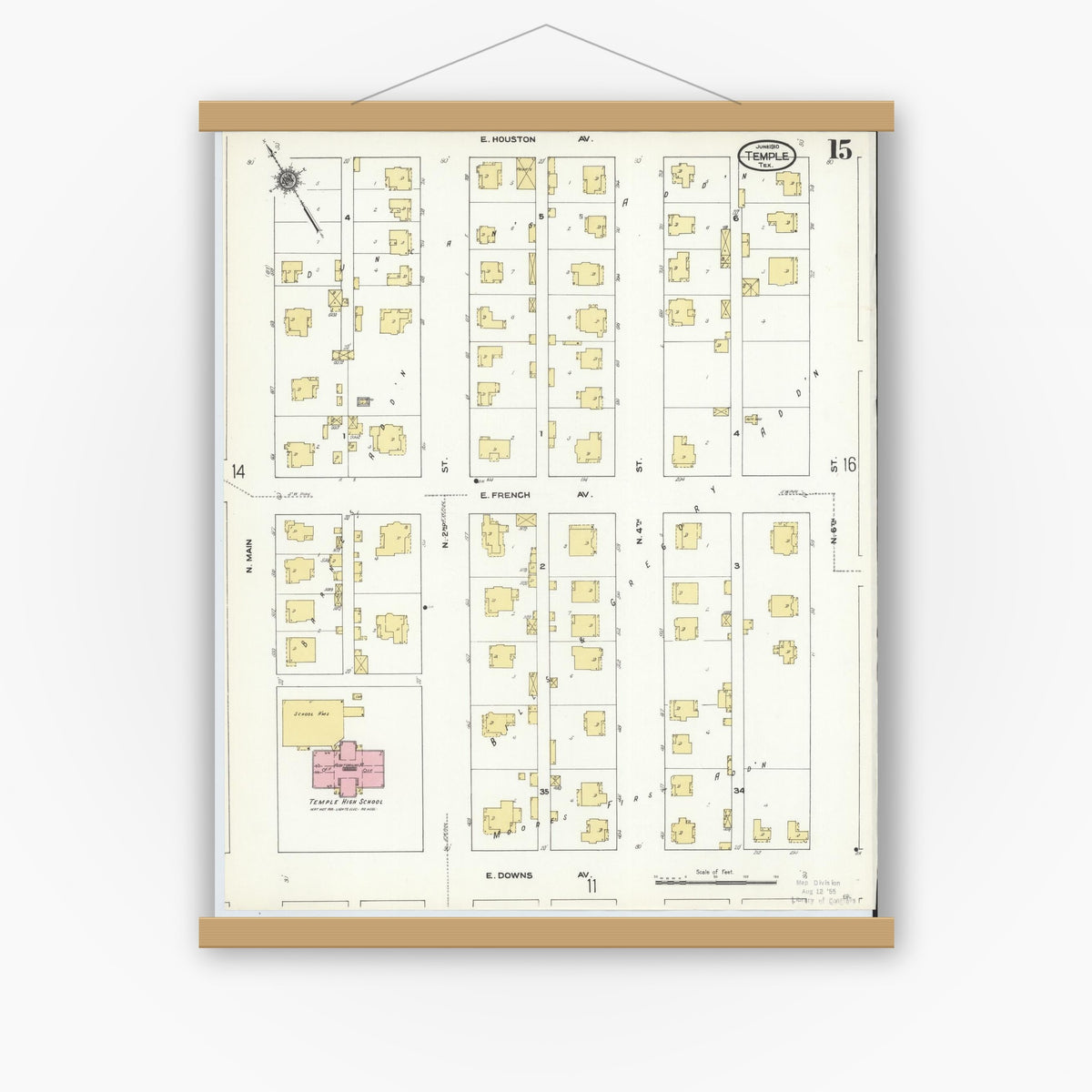 Old map wall art mockup — magnetic wood frame on white wall — Sanborn Fire Insurance Map from Temple, Bell County, Texas (1910), Sheet #0015