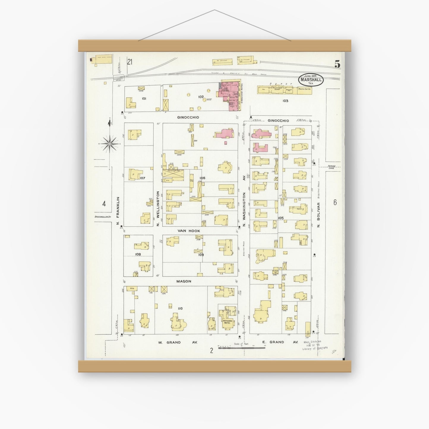 Old map wall art mockup — magnetic wood frame on white wall — Sanborn Fire Insurance Map from Marshall, Harrison County, Texas (1909), Sheet #0005