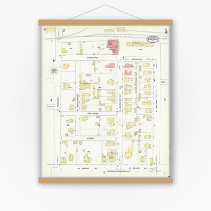 Old map wall art mockup — magnetic wood frame on white wall — Sanborn Fire Insurance Map from Marshall, Harrison County, Texas (1909), Sheet #0005