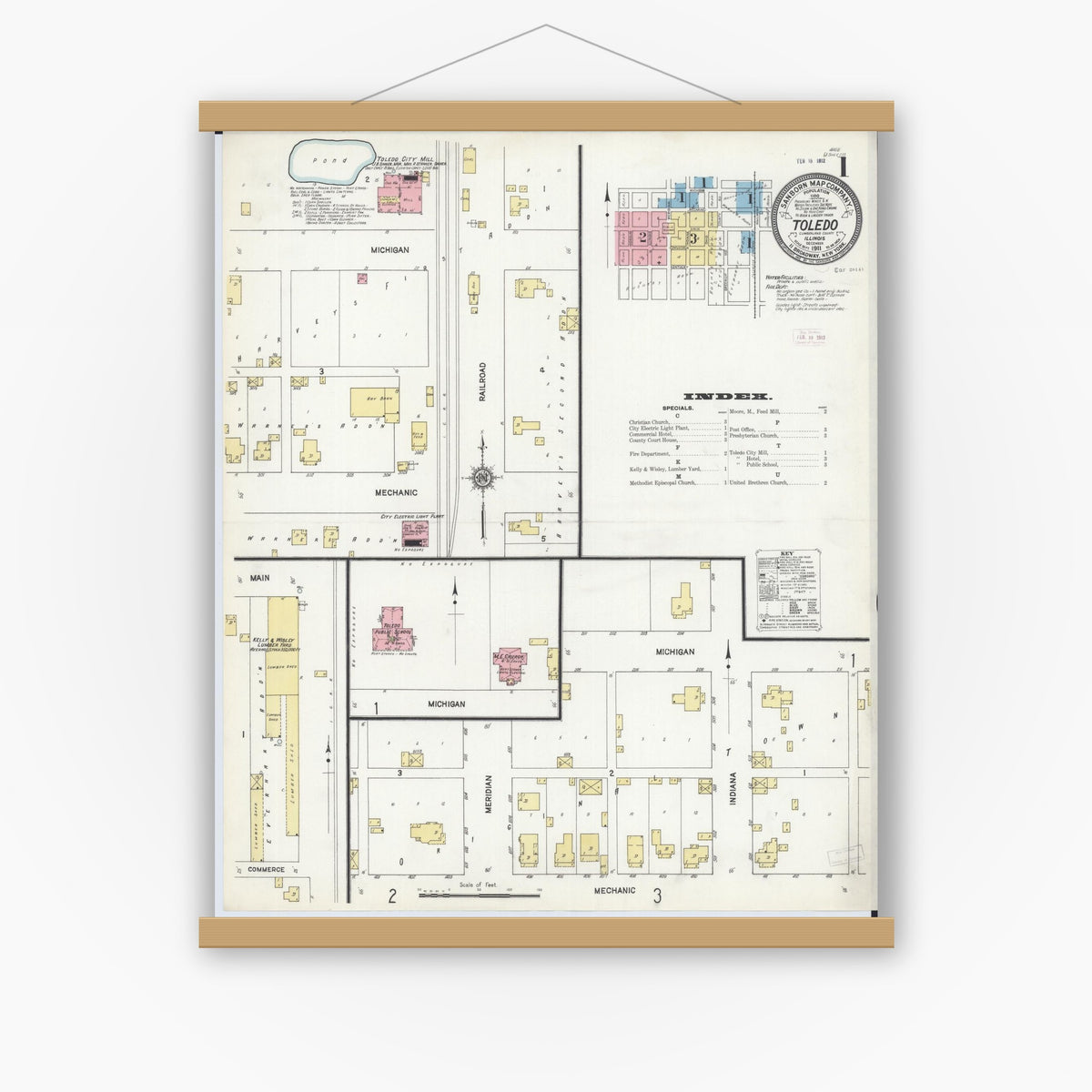 Old map wall art mockup — magnetic wood frame on white wall — Sanborn Fire Insurance Map from Toledo, Cumberland County, Illinois (1911), Sheet #0001