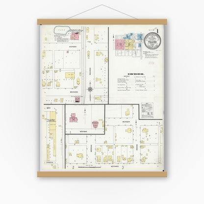 Old map wall art mockup — magnetic wood frame on white wall — Sanborn Fire Insurance Map from Toledo, Cumberland County, Illinois (1911), Sheet #0001