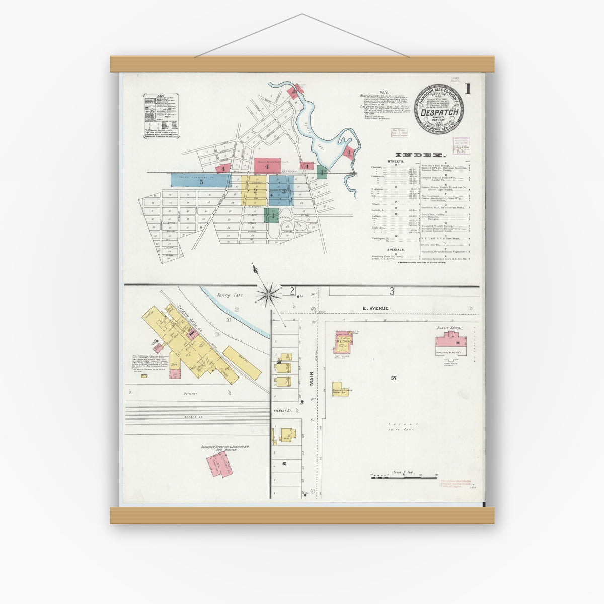 Old map wall art mockup — magnetic wood frame on white wall — Sanborn Fire Insurance Map from Despatch, Monroe County, New York (1906) - Complete Map Set