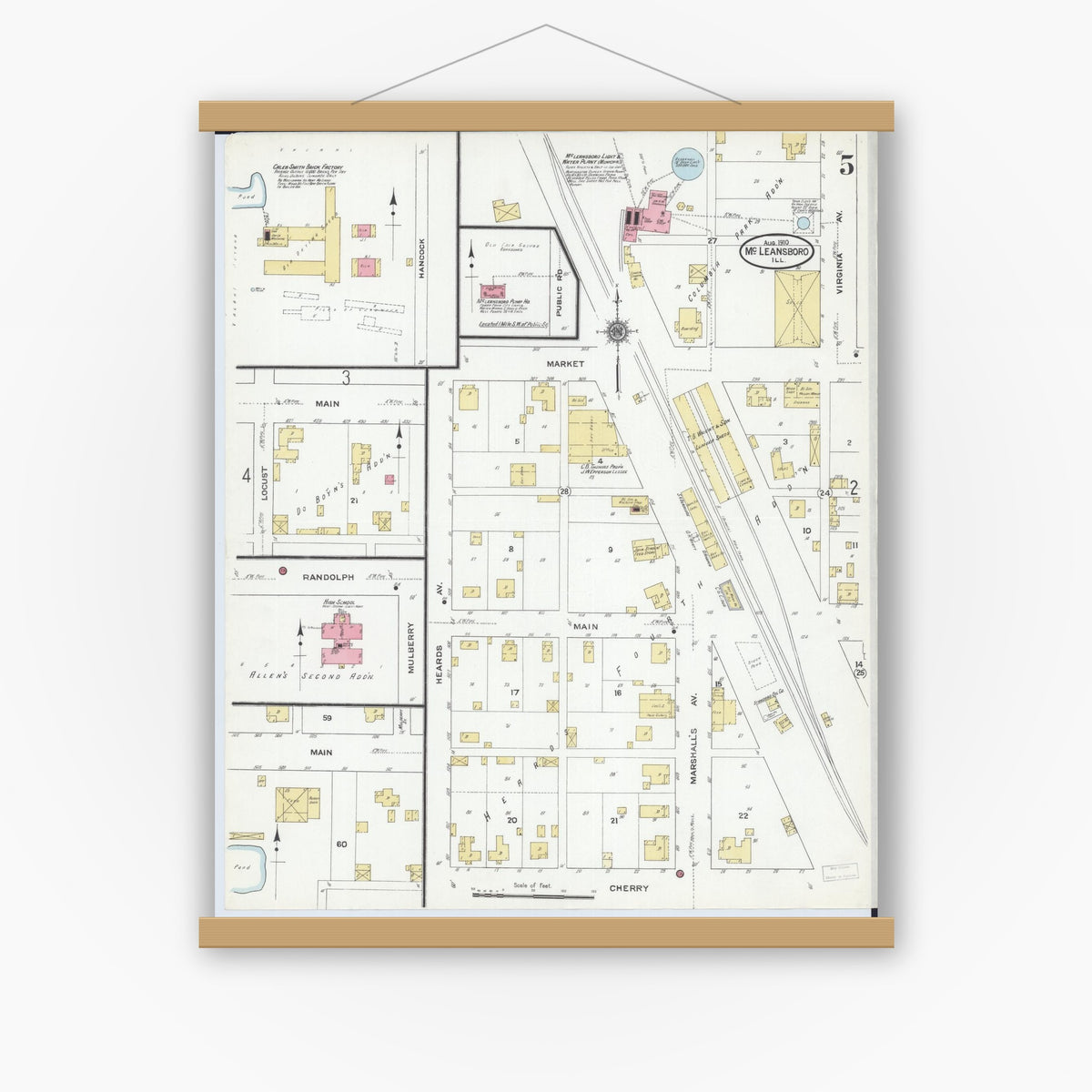 Old map wall art mockup — magnetic wood frame on white wall — Sanborn Fire Insurance Map from Mcleansboro, Hamilton County, Illinois (1910), Sheet #0005