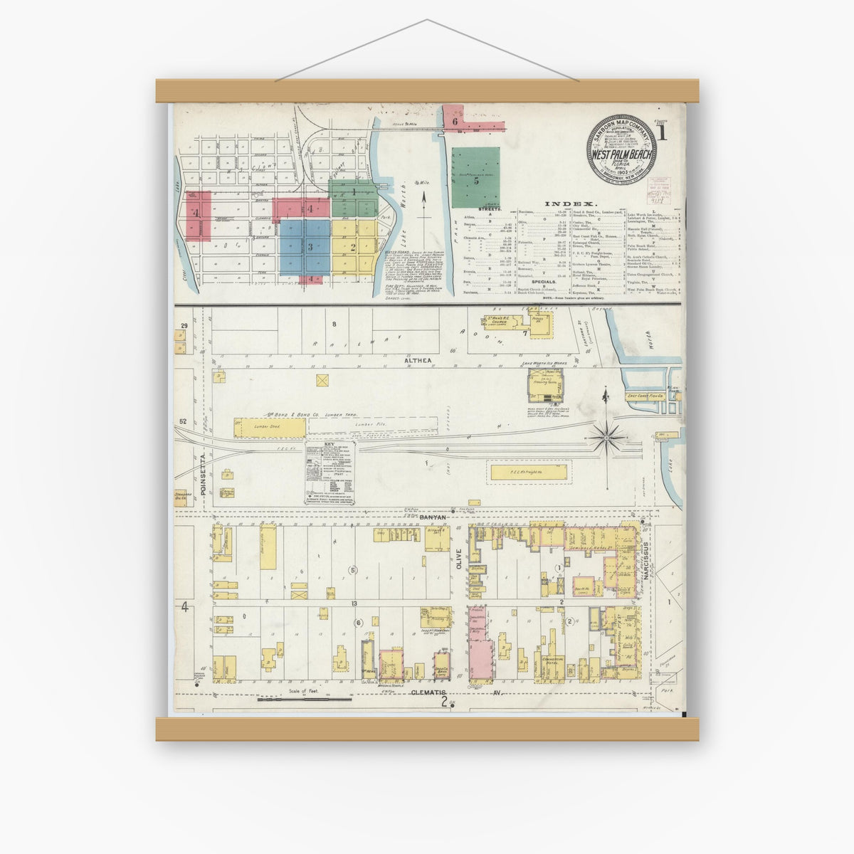 Old map wall art mockup — magnetic wood frame on white wall — Sanborn Fire Insurance Map from West Palm Beach, Dade County, Florida (1903), Sheet #0001