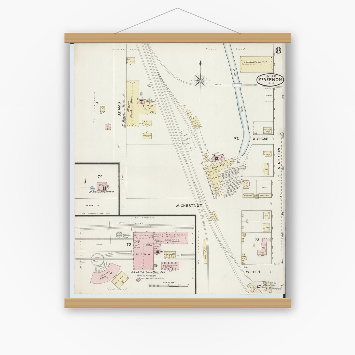 Old map wall art mockup — magnetic wood frame on white wall — Sanborn Fire Insurance Map from Mount Vernon, Knox County, Ohio (1887), Sheet #0008