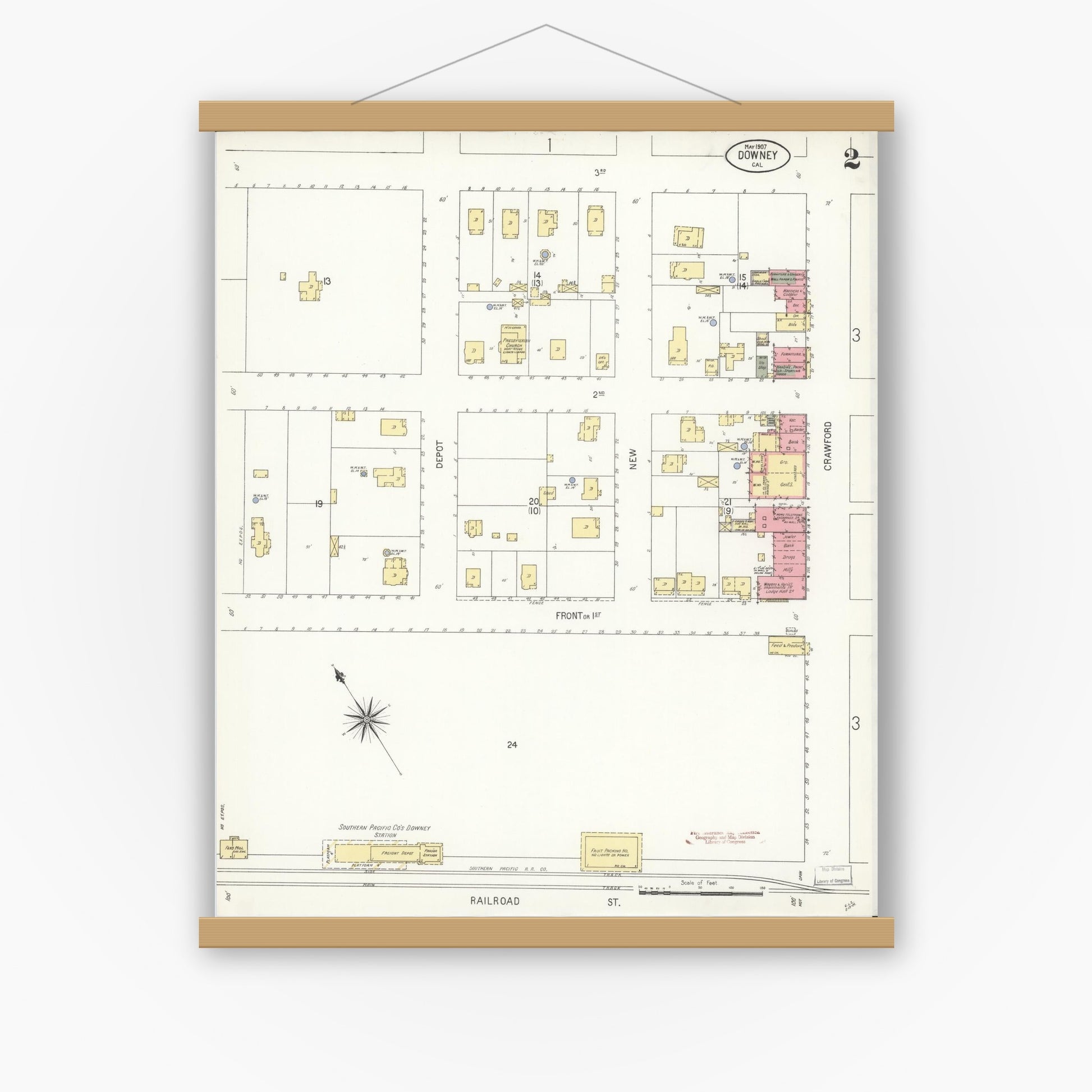 Old map wall art mockup — magnetic wood frame on white wall — Sanborn Fire Insurance Map from Downey, Los Angeles County, California (1907), Sheet #0002