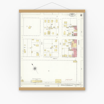 Old map wall art mockup — magnetic wood frame on white wall — Sanborn Fire Insurance Map from Downey, Los Angeles County, California (1907), Sheet #0002