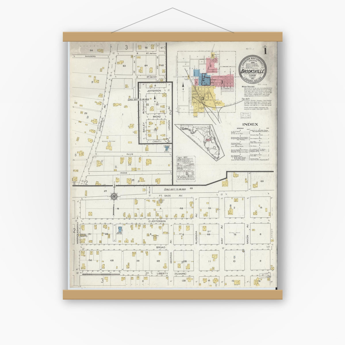 Old map wall art mockup — magnetic wood frame on white wall — Sanborn Fire Insurance Map from Brooksville, Hernando County, Florida (1917) - Complete Map Set