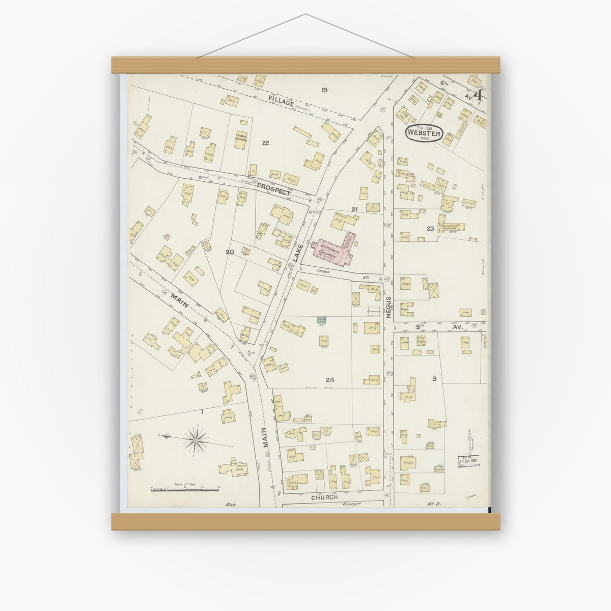 Old map wall art mockup — magnetic wood frame on white wall — Sanborn Fire Insurance Map from Webster, Worcester County, Massachusetts (1888), Sheet #0004