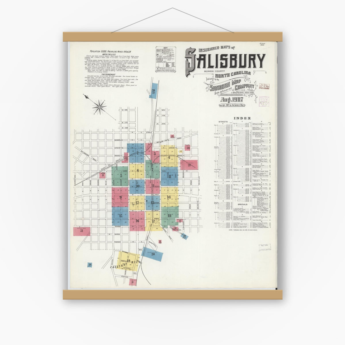 Old map wall art mockup — magnetic wood frame on white wall — Sanborn Fire Insurance Map from Salisbury, Rowan County, North Carolina (1907) - Complete Map Set