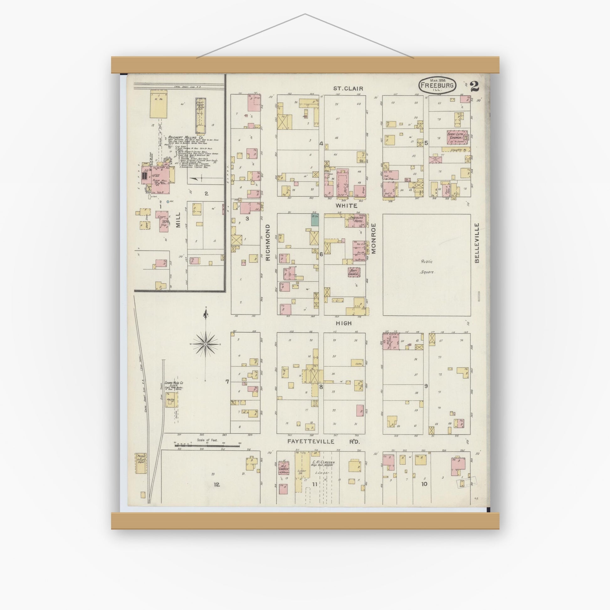 Old map wall art mockup — magnetic wood frame on white wall — Sanborn Fire Insurance Map from Freeburg, Saint Clair County, Illinois (1894), Sheet #0002