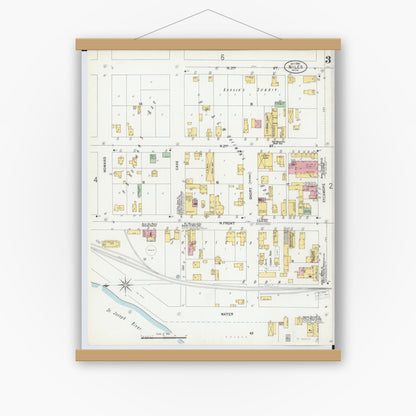 Old map wall art mockup — magnetic wood frame on white wall — Sanborn Fire Insurance Map from Niles, Berrien County, Michigan (1900), Sheet #0003