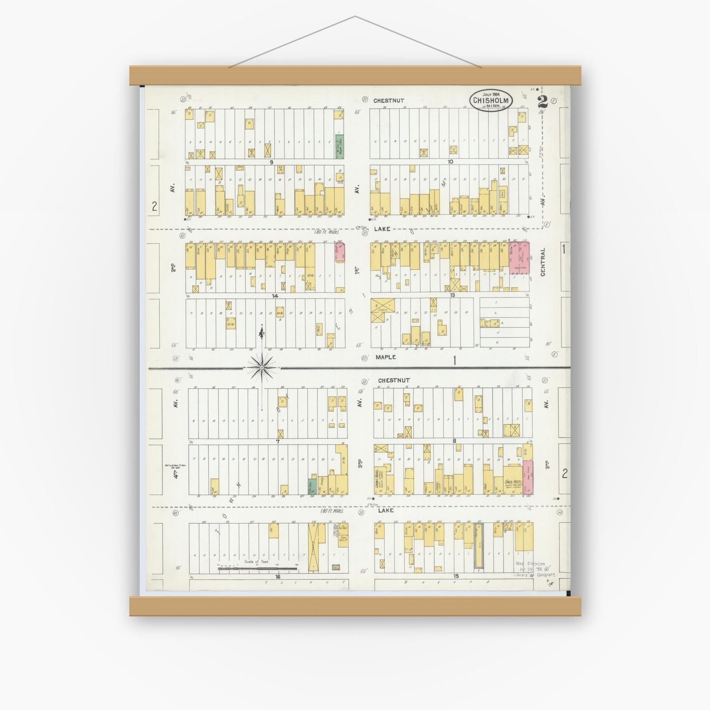 Old map wall art mockup — magnetic wood frame on white wall — Sanborn Fire Insurance Map from Chisholm, Saint Louis County, Minnesota (1904), Sheet #0002
