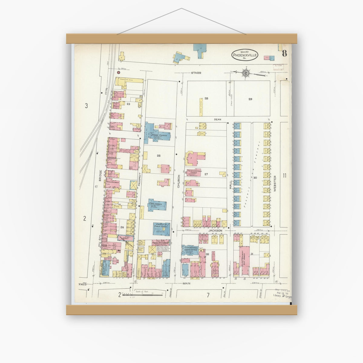 Old map wall art mockup — magnetic wood frame on white wall — Sanborn Fire Insurance Map from Phoenixville, Chester County, Pennsylvania (1913), Sheet #0008