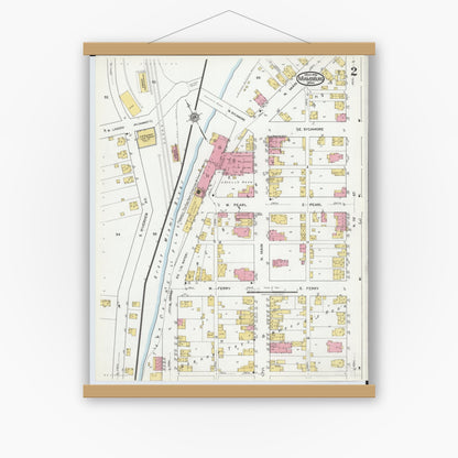 Old map wall art mockup — magnetic wood frame on white wall — Sanborn Fire Insurance Map from Miamisburg, Montgomery County, Ohio (1919), Sheet #0002