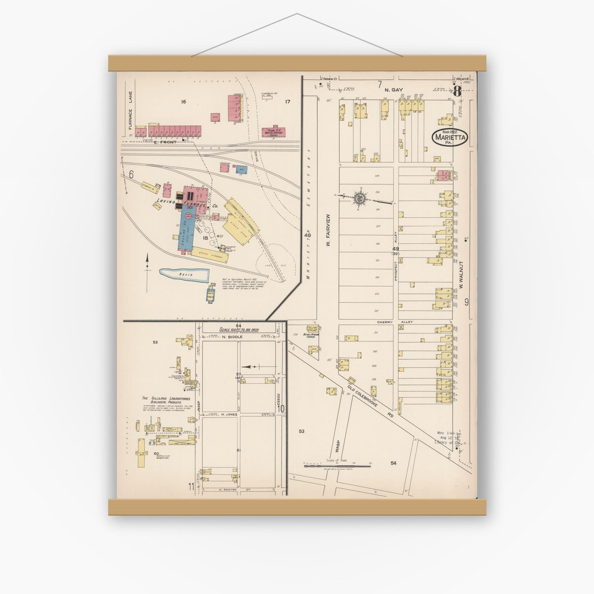 Old map wall art mockup — magnetic wood frame on white wall — Sanborn Fire Insurance Map from Marietta, Lancaster County, Pennsylvania (1922), Sheet #0008
