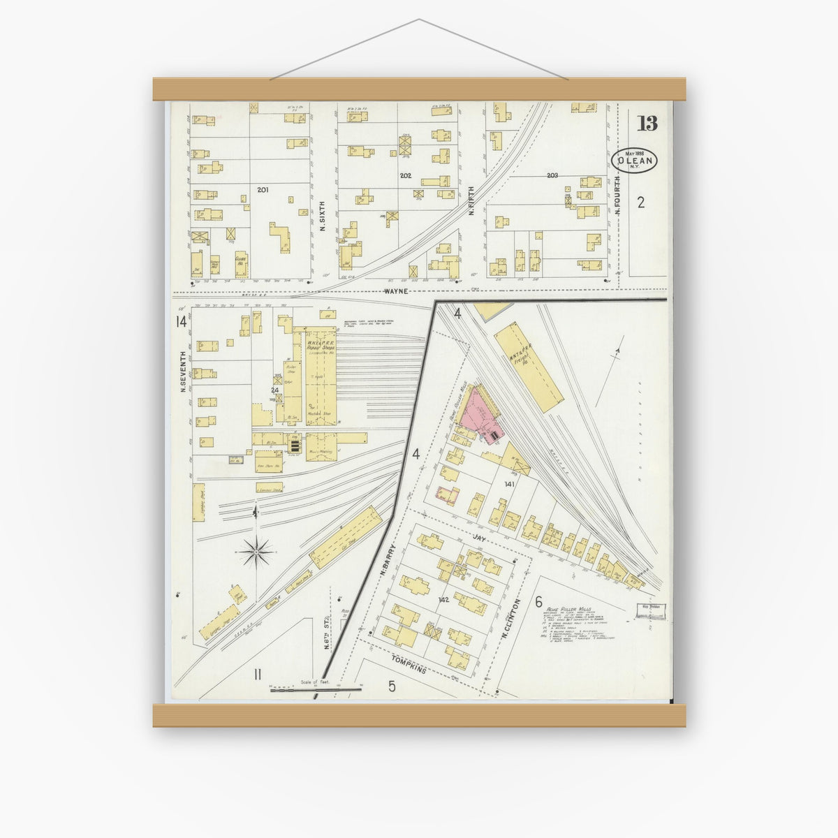 Old map wall art mockup — magnetic wood frame on white wall — Sanborn Fire Insurance Map from Olean, Cattaraugus County, New York (1898), Sheet #0013