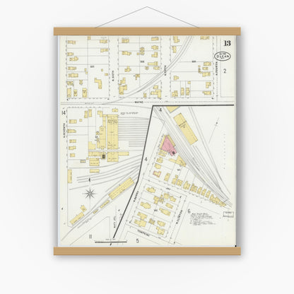 Old map wall art mockup — magnetic wood frame on white wall — Sanborn Fire Insurance Map from Olean, Cattaraugus County, New York (1898), Sheet #0013