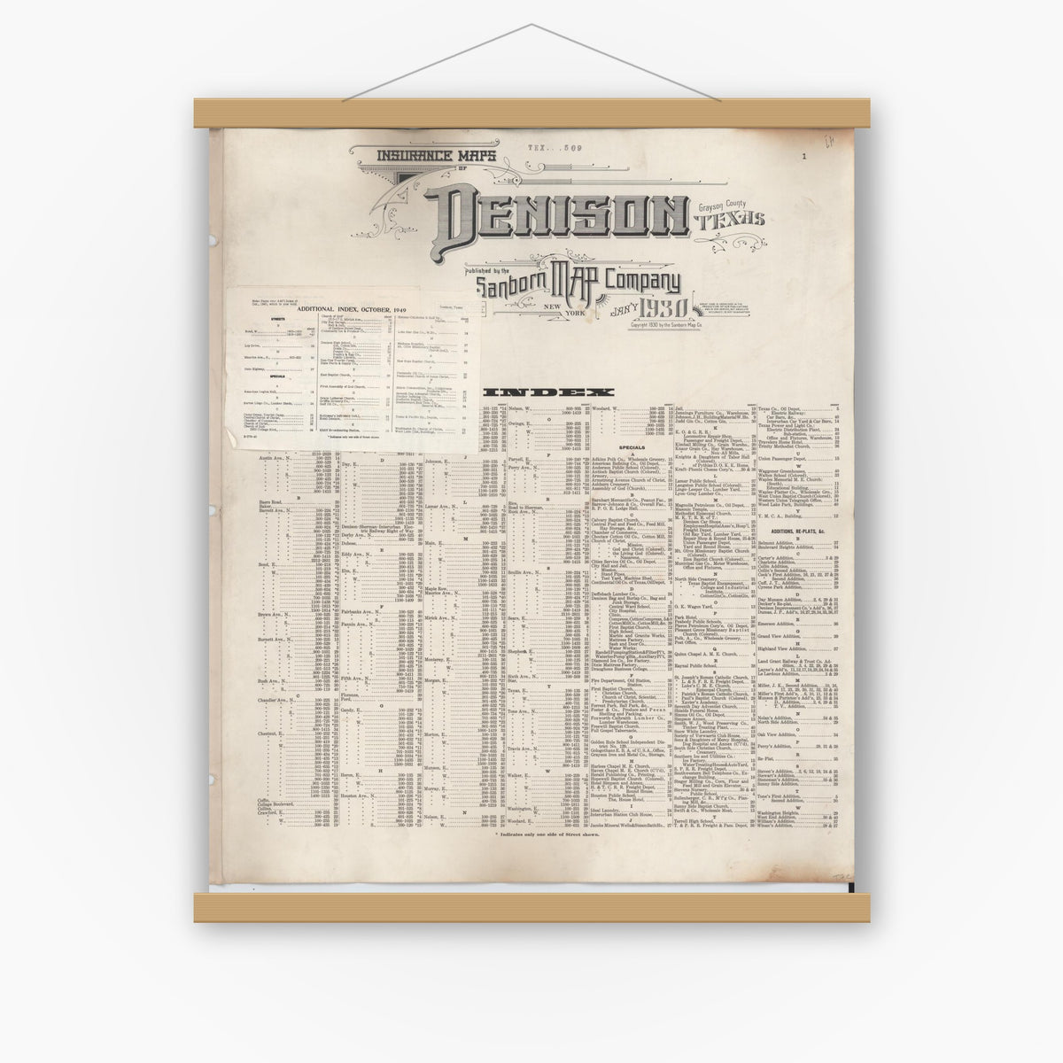 Old map wall art mockup — magnetic wood frame on white wall — Sanborn Fire Insurance Map from Denison, Grayson County, Texas (1949), Sheet #0001