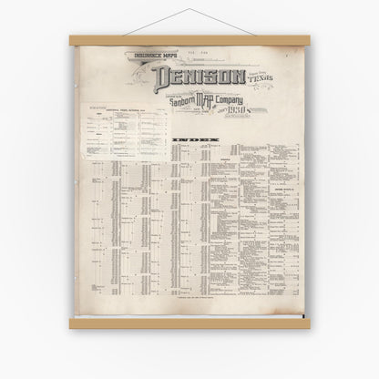 Old map wall art mockup — magnetic wood frame on white wall — Sanborn Fire Insurance Map from Denison, Grayson County, Texas (1949), Sheet #0001