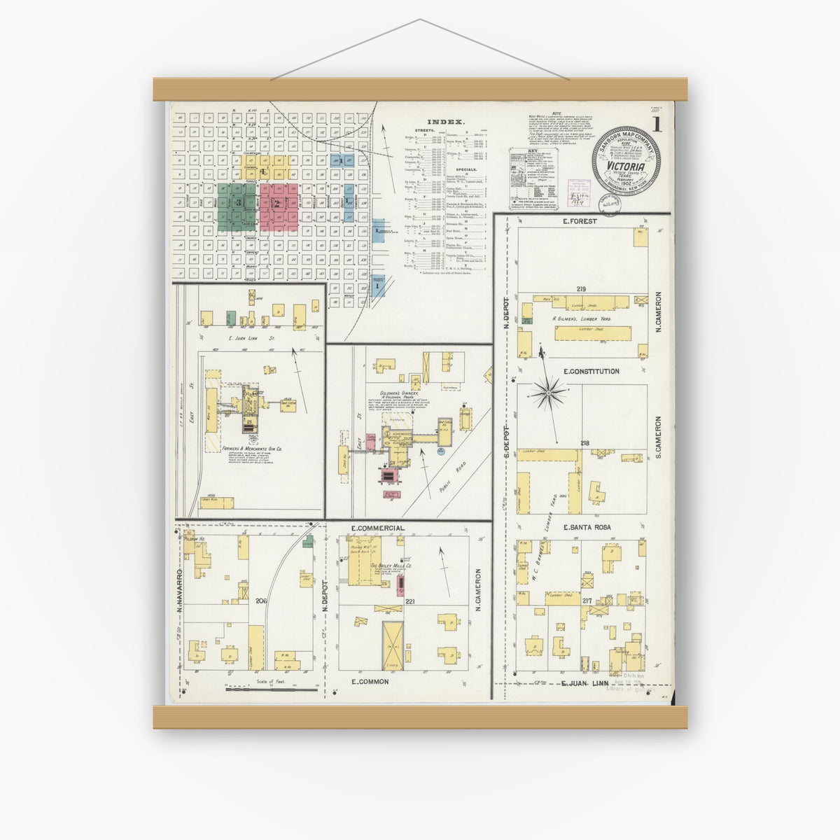Old map wall art mockup — magnetic wood frame on white wall — Sanborn Fire Insurance Map from Victoria, Victoria County, Texas (1902) - Complete Map Set