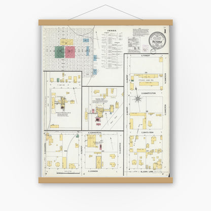 Old map wall art mockup — magnetic wood frame on white wall — Sanborn Fire Insurance Map from Victoria, Victoria County, Texas (1902) - Complete Map Set