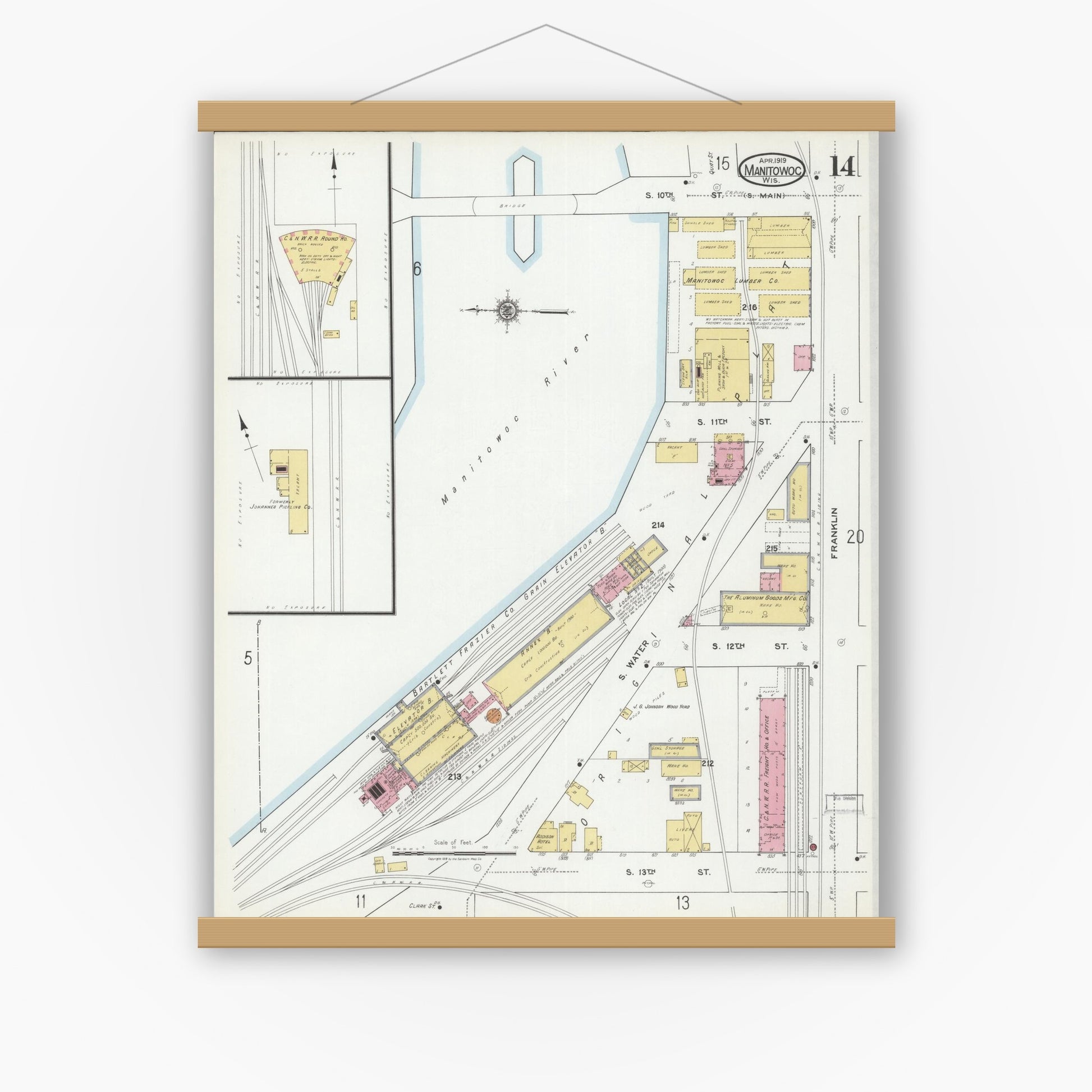 Old map wall art mockup — magnetic wood frame on white wall — Sanborn Fire Insurance Map from Manitowoc, Manitowoc County, Wisconsin (1919), Sheet #0014