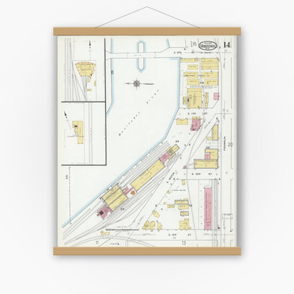 Old map wall art mockup — magnetic wood frame on white wall — Sanborn Fire Insurance Map from Manitowoc, Manitowoc County, Wisconsin (1919), Sheet #0014